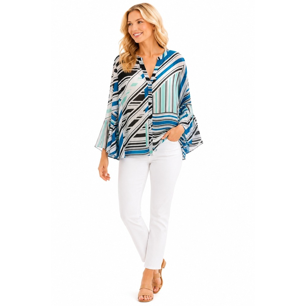 Calvin Klein Blouse Womens XL Blue Geometric Striped Bell Sleeve V-Neck M7LAZ647